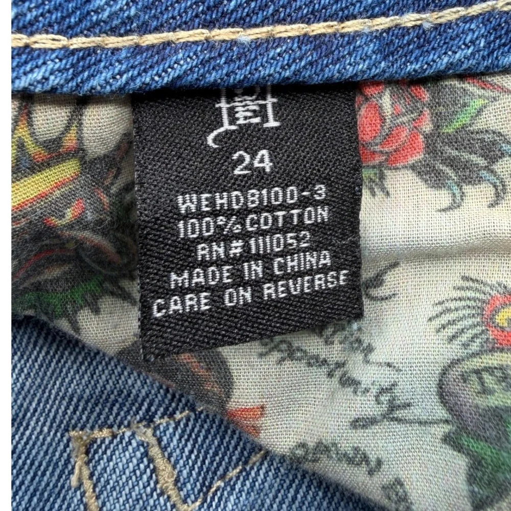 Ed Hardy Denim Women 24 Blue Flare Jeans Tattoo Graphic Tiger Dragon‎ WEHDB100-3